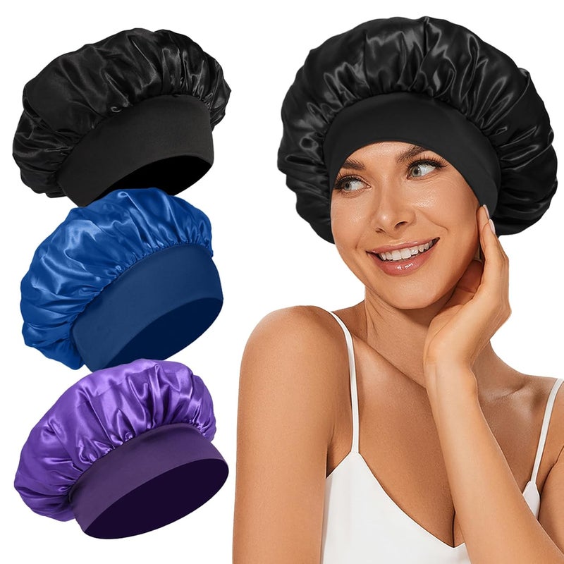 LEADUWAY 3 Pcs Satin Bonnet, Hair Bonnets Silk Hair Wrap, Silk Bonnet for Sleeping - Image 1
